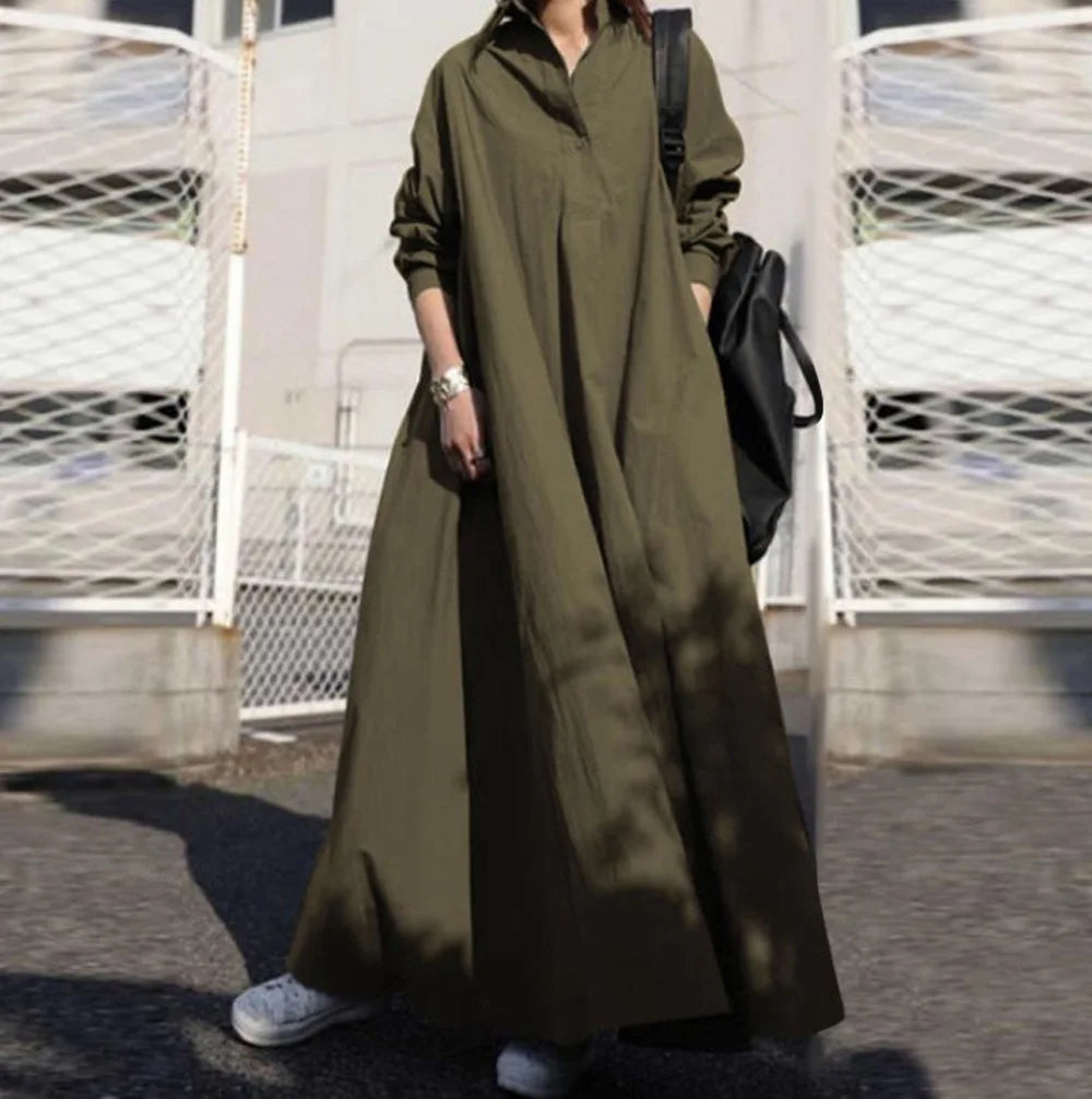 Autumn Loose Long Sleeve Large Swing Solid Color Cotton Linen Retro National Style Wide Jumpsuit