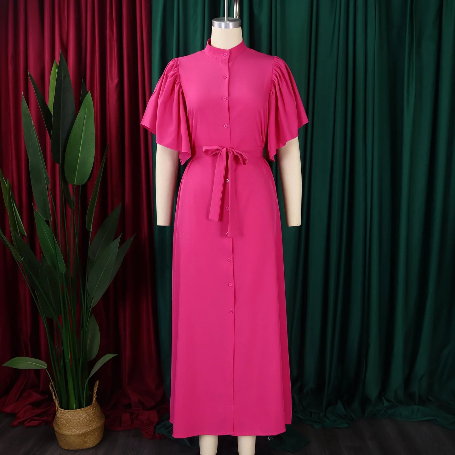 D3270 Trendy Elegant Loose Summer Dress for Women Flare Sleeves Single Breasted Long Dresses Women Casual Ladies Maxi Dress