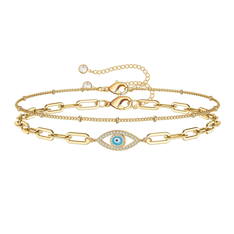 Dainty Gold Bracelets For Women, 14K Gold Filled Adjustable Layered Bracelet Cute Oval Chain Bar Gold Bracelets For Women Jewelry