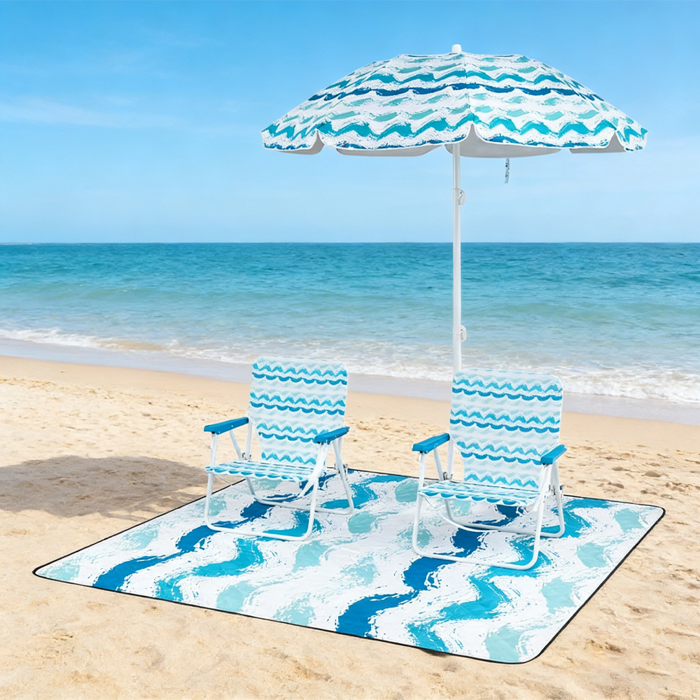 4 Pieces Beach Umbrella Set With 2 Foldable Chairs And Picnic Blanket For Beach And Grass