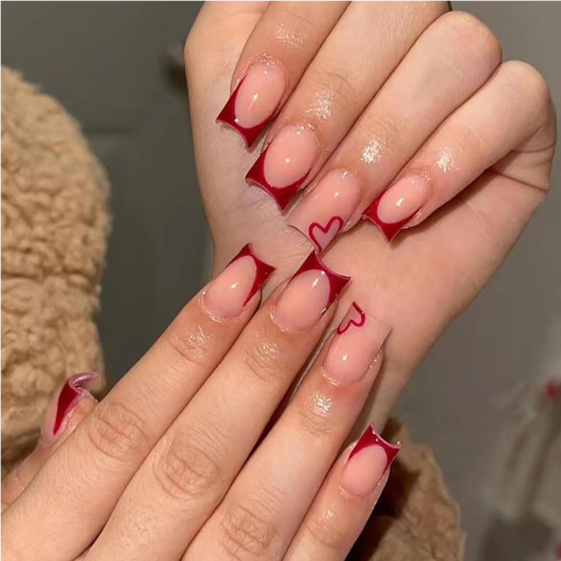 24 PCS Valentine's Day Press On Nails, French Tip Medium Square Wine Red Heart Fake Nails Natural Fit Gel Acrylic Nails, Glue On Nails False