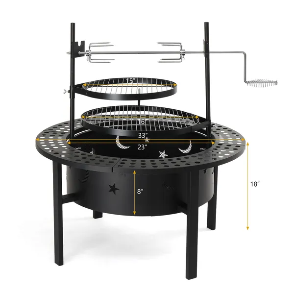 33 Inch Outdoor Fire Pit With 2 Cooking Grills, Wood Burning Firepit With Removable Swivel Grill, For Backyard Deck Bonfire Patio Picnic, Bl