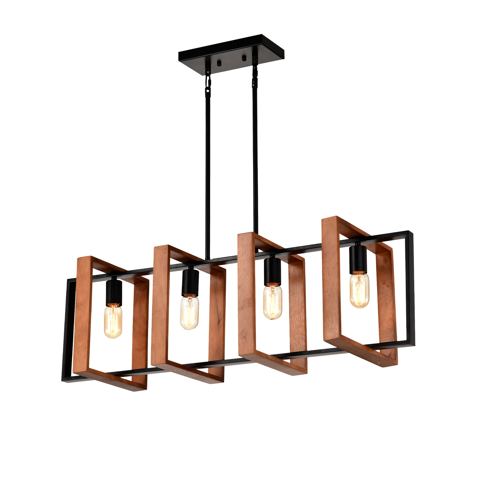 4-Light Kitchen Island Lights Pendant Light Farmhouse Dining Room Light Fixture, Rustic Wood And Black Metal Rectangular Chandelier, Hanging