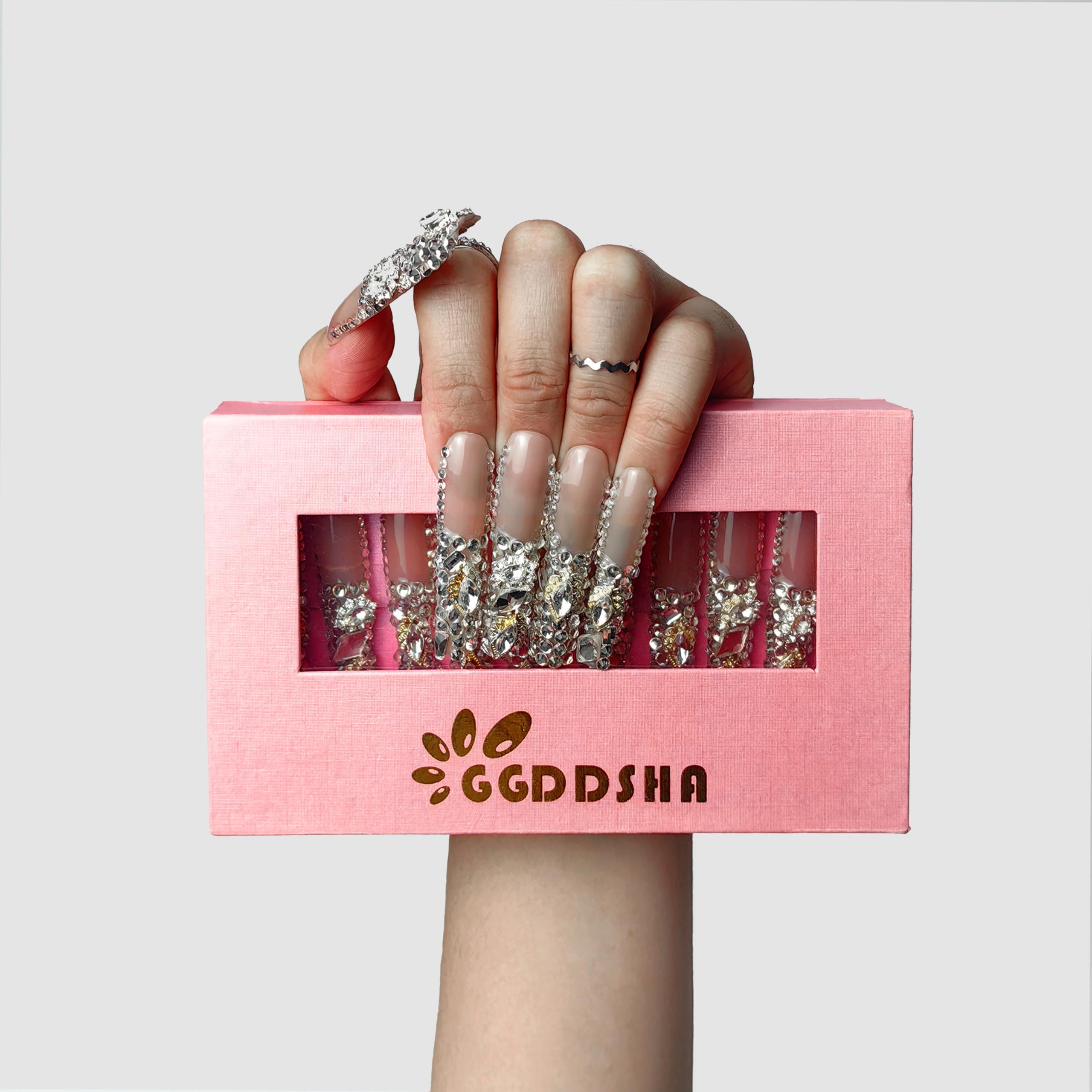 GGddsha New PMMA Acrylic Press On Nails StunningBling Nails, Rhinestone Fake Nails, Glitter Rhinestone NailsGradient Fake NailsCrystal Casca