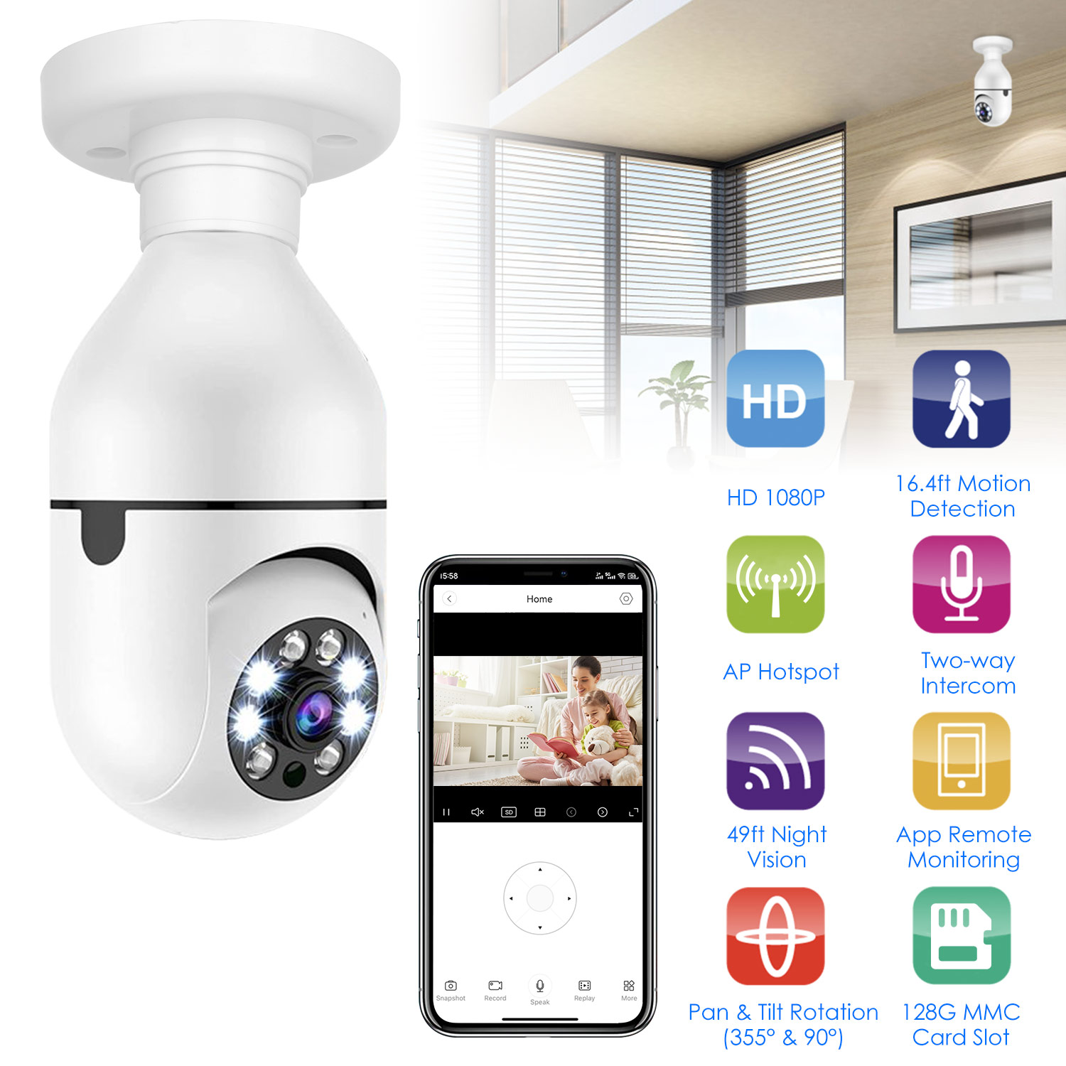 1Pc E27 WiFi Bulb Camera 1080P FHD WiFi IP Pan Tilt Security Surveillance Camera With Two-Way Audio Night Vision Motion Detection Function A