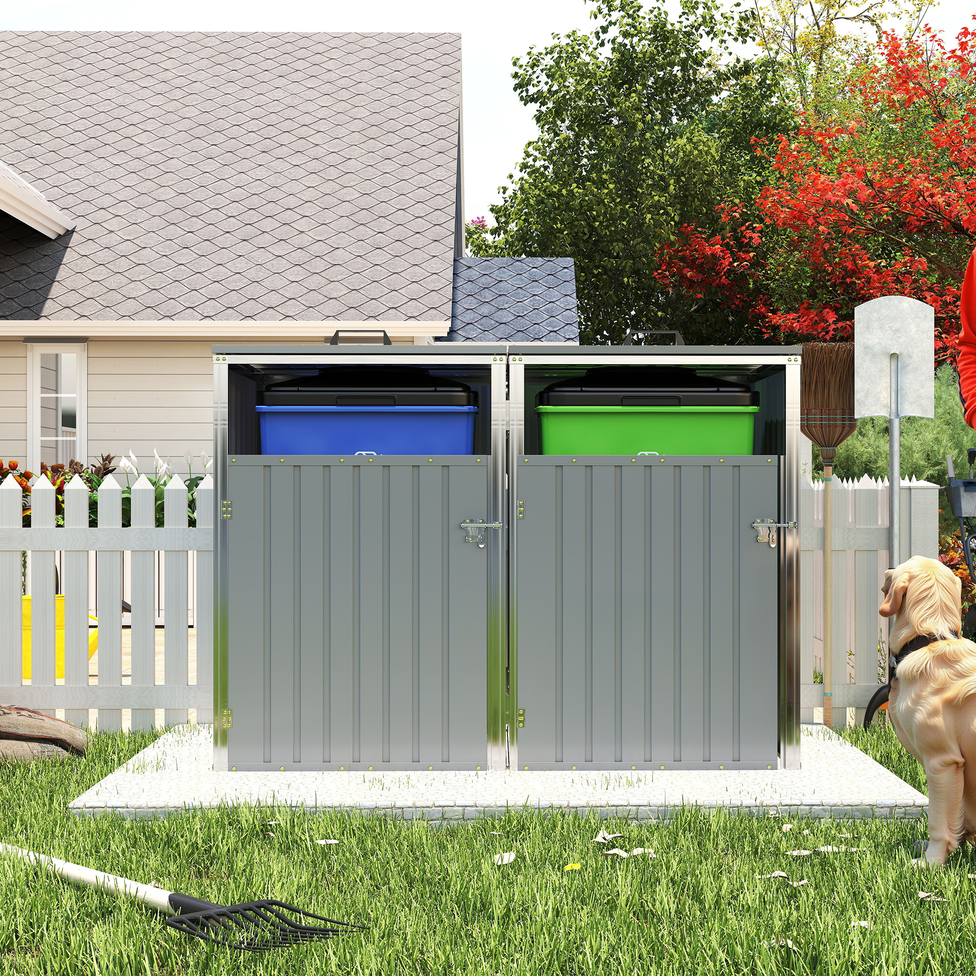 Garbage Bin Shed Stores 2 Trash Cans Metal Outdoor Bin Shed For Garbage Storage,54 Cubic Feet Of Space,Stainless Galvanized Steel, Bin Shed
