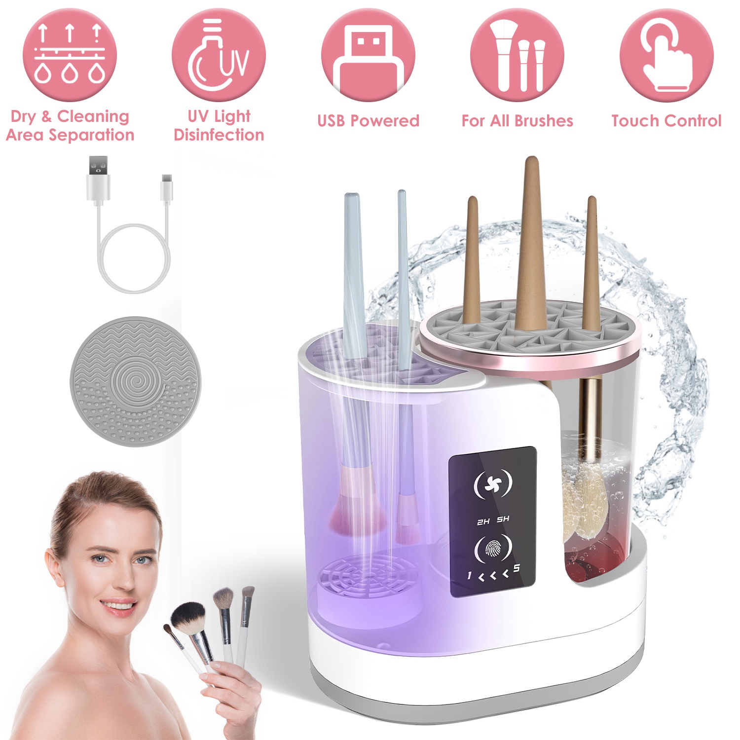 4 In 1 Electric Makeup Brush Cleaner USB Powered Automatic Brush Blender Machine With Timer Digital Display Cleaning Drying UV Disinfection
