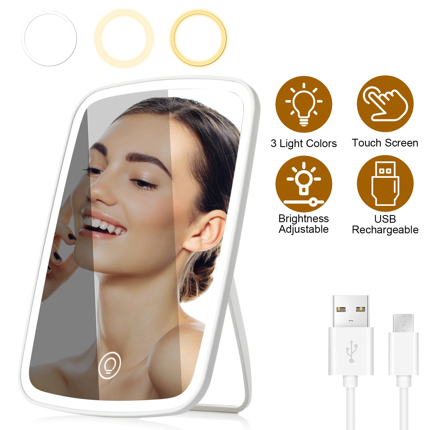1Pc 5.98x8.62in Lighted Makeup Mirror Vanity Desk Mirror Small LED Mirror With 3 Light Colors Touch Screen Brightness Adjustable USB Recharg