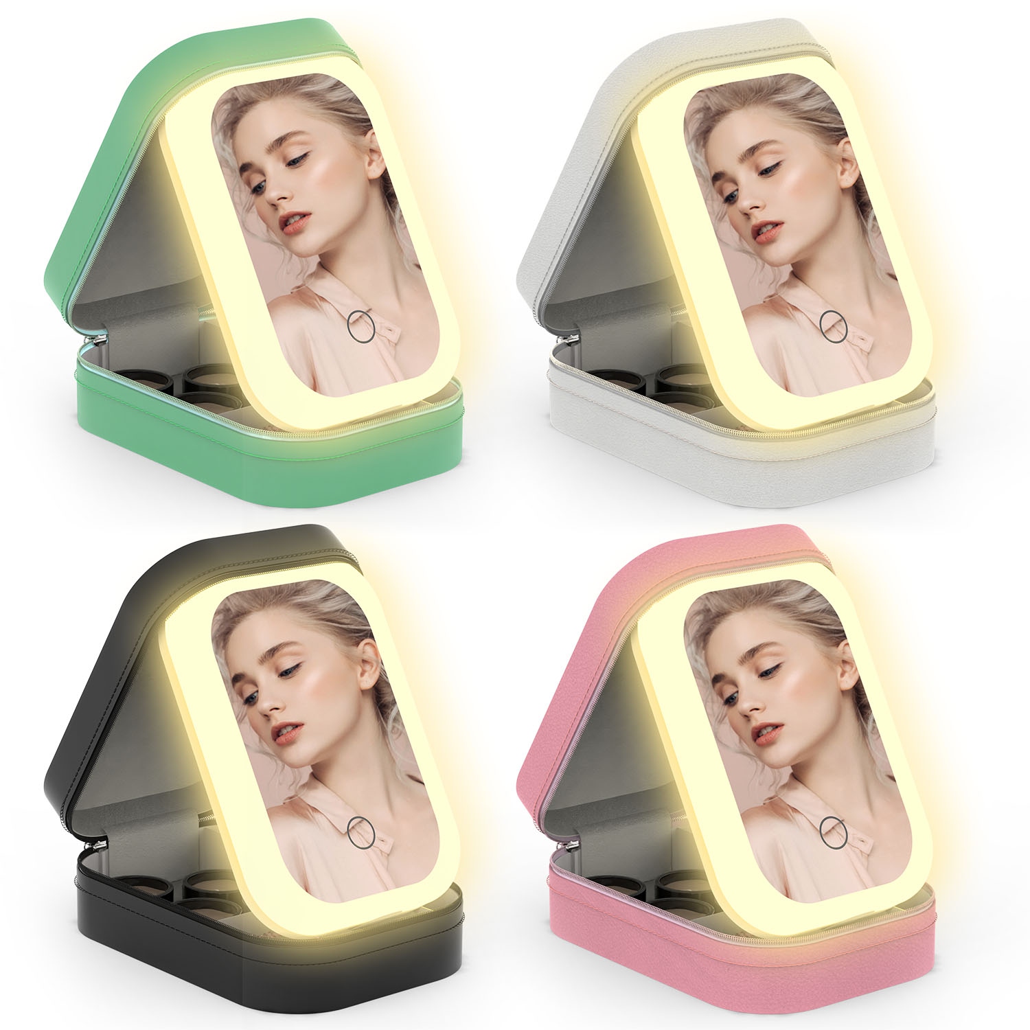 1Pc Portable Travel Makeup Bag With LED Mirror Rechargeable Beauty Mirror With 3 Color Light Dimmable Brightness Waterproof Cosmetic Bag Wit