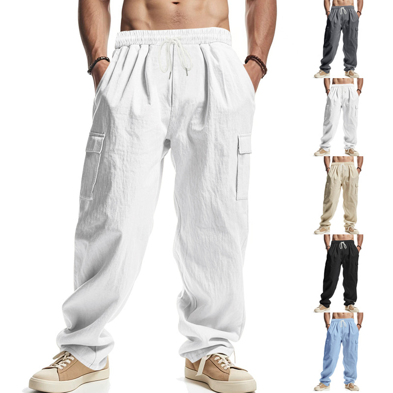 Men's Workwear Multi-pocket Straight Linen Pants Linen Four Seasons Thin Breathable Cargo Pants, Multi-pocket Loose Casual Trendy Wide-leg P