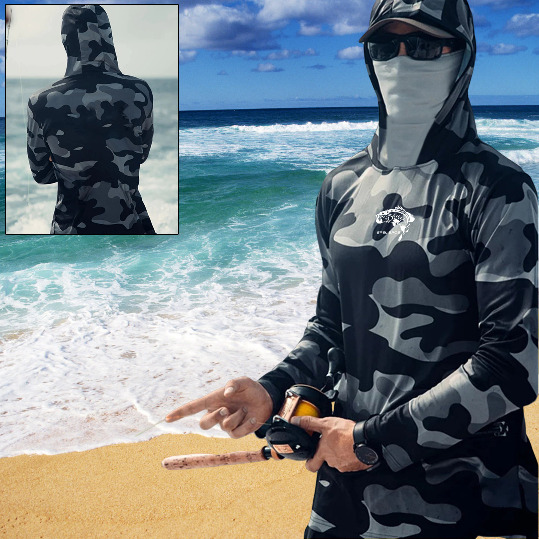 Fishing Hoodie Face Mask Neck Cover Sailing Shirt Summer Men Long Sleeve Sun Protection Hunting Jersey Camisa De Pesca Performance Fish Gear