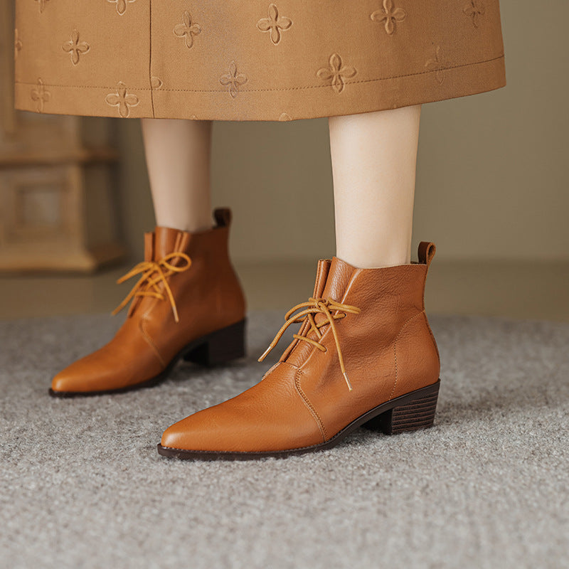 Pointed-Toe Lace Chunky Heel Cowhide Martin Boots
