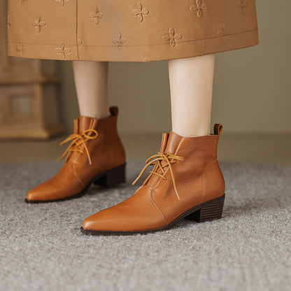 Pointed-Toe Lace Chunky Heel Cowhide Martin Boots