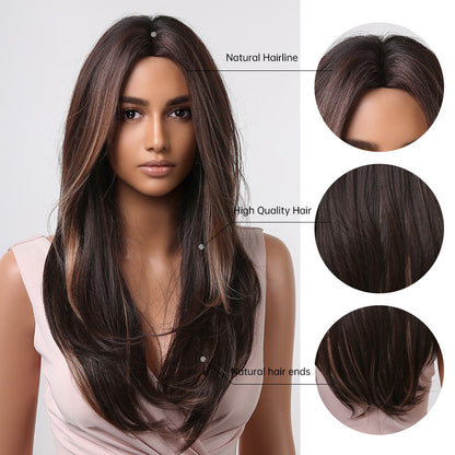 Women's Long Wavy Brown Blonde Highlight Wig