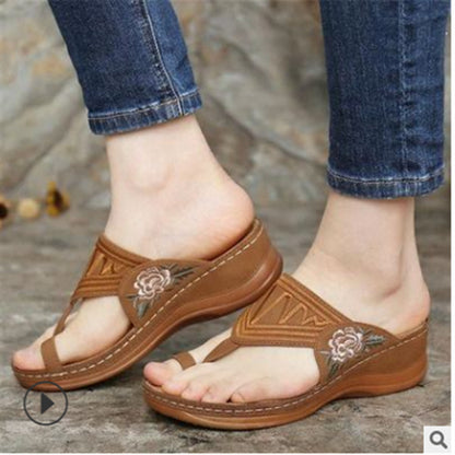 Embroidered Wedge Sandals with Flat Toe for Women
