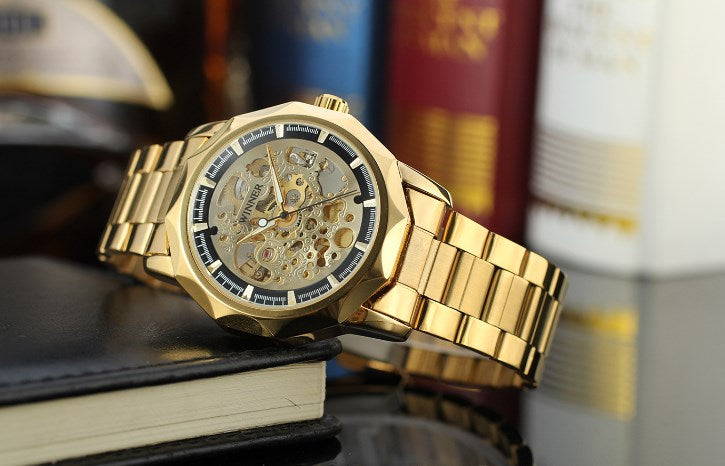 Men's Gold Skeleton Automatic Mechanical Watch (Steel Band)