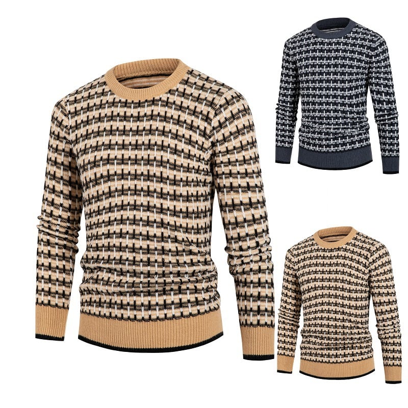 Solid Plaid Round Neck Pullover Sweater for Men