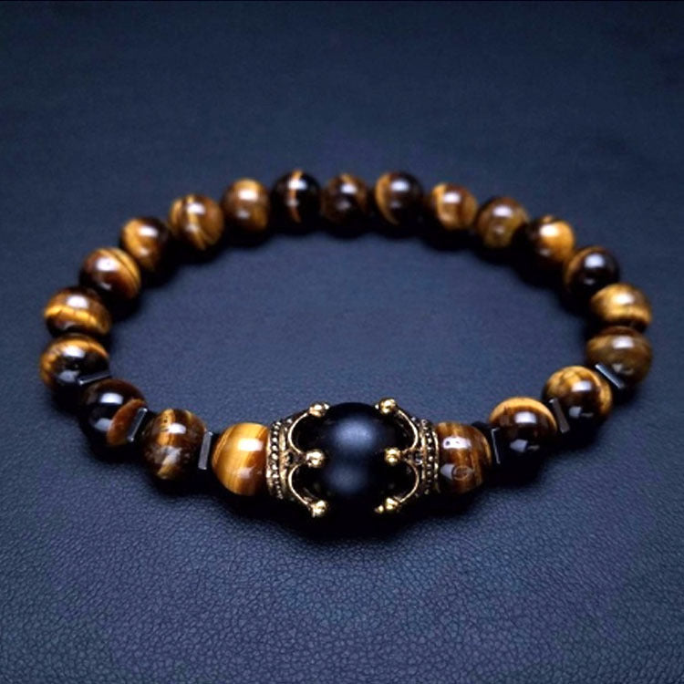 2019 New Men's Bracelet with Crown Tiger Eye Beads