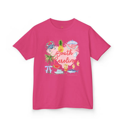 Bee Southern South Carolina Floral Girls Short Sleeve Heavy Cotton Gildan Youth Hive Tee