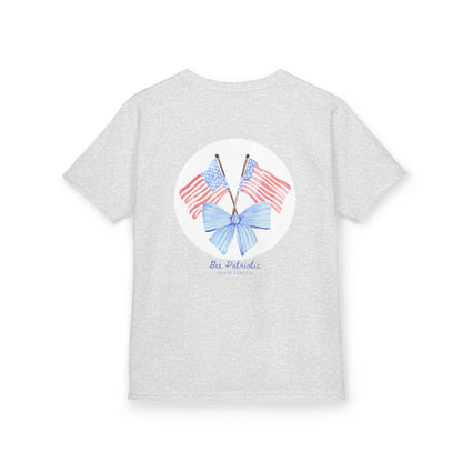 Bee Patriotic American Flag with Bow Girls Short Sleeve Youth Heavy Cotton Gildan Hive Tee