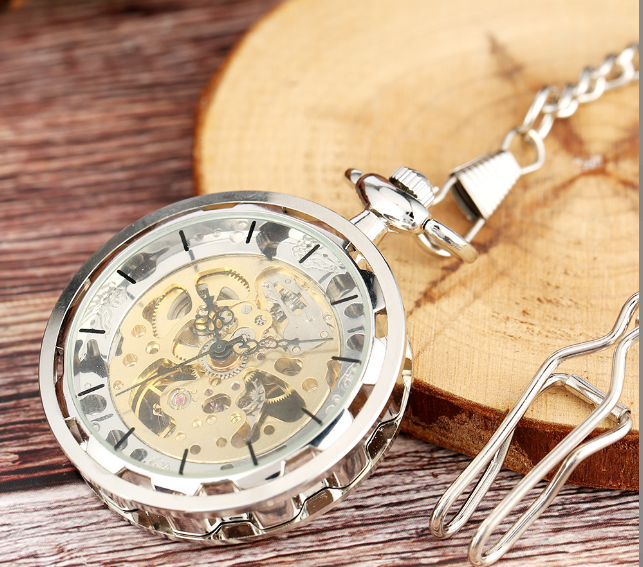 Vintage Large Transparent Skeleton Mechanical Pocket Watch
