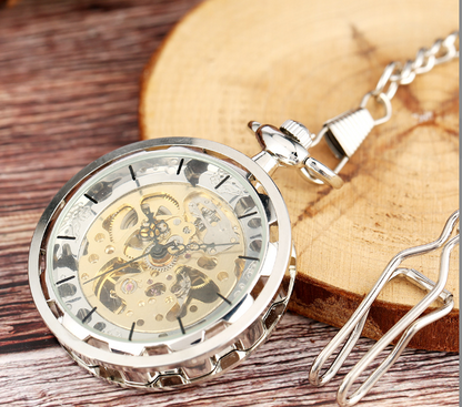 Vintage Large Transparent Skeleton Mechanical Pocket Watch