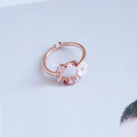 Japanese Cute Fresh Pink Zircon Flower Ring for Women