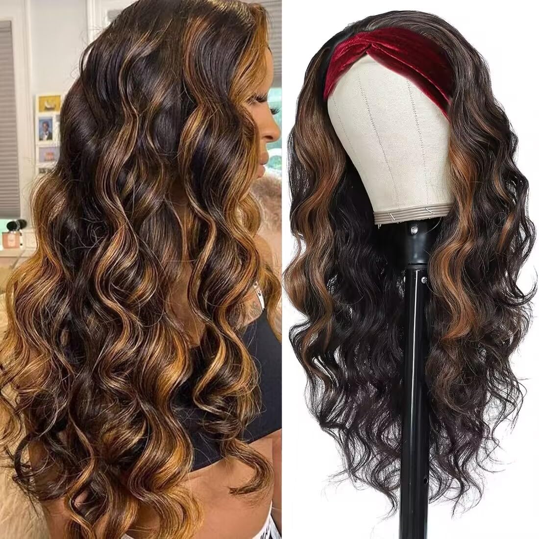 YUPEWG Headband Wigs for Black Women Glueless Highlight Brown And Black Synthetic Long Wavy Headband Wig Ready to Wear Wigs Glueless Wigs Daily Party Wear