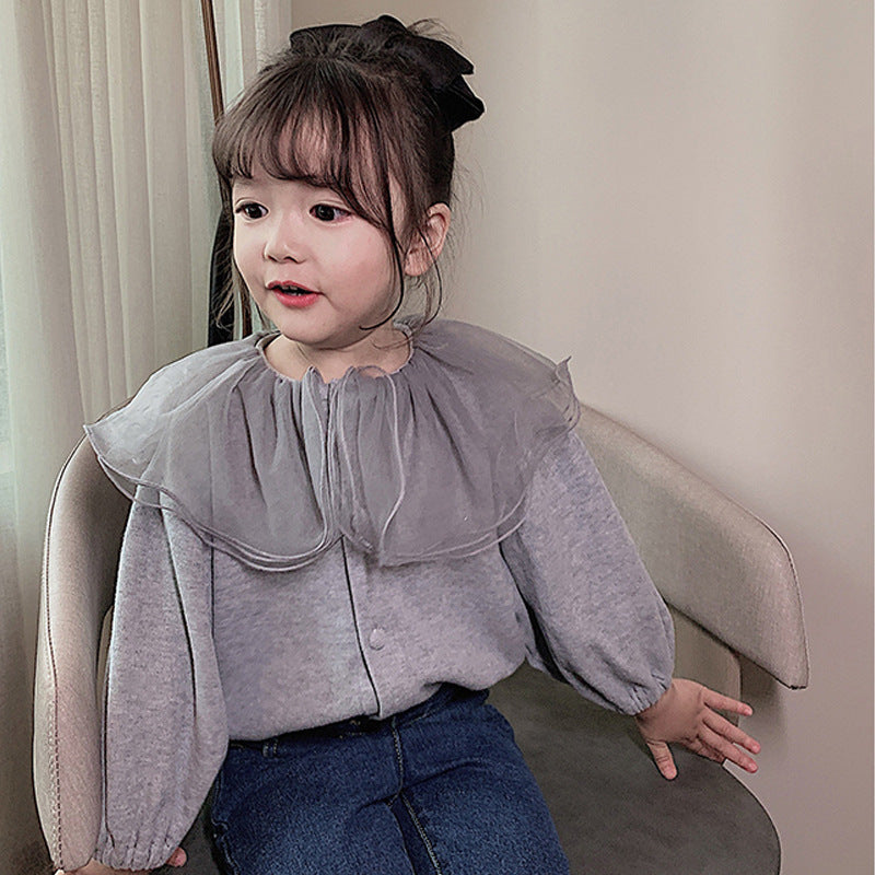 Cute Girls Cardigan Jacket with Lace Lapel for Autumn