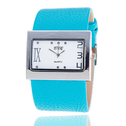 Casual Square Dial Quartz Watch with Wide Leather Band