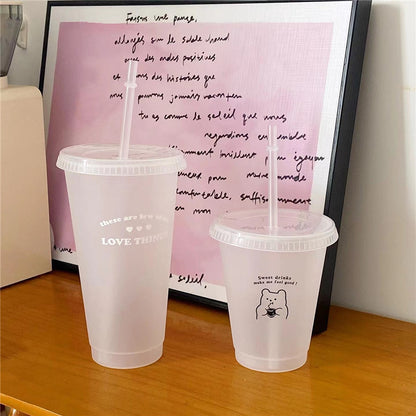 Kawaii Plastic Water Bottle with Lid and Straw