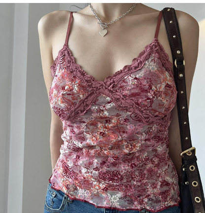 Mesh Plant Print Low-Cut Lace Tank Top for Women