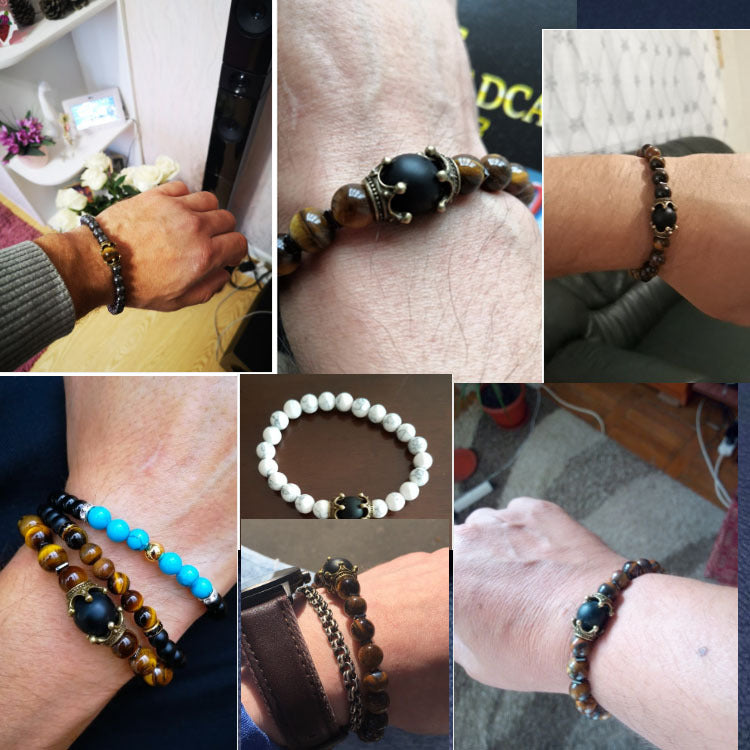 2019 New Men's Bracelet with Crown Tiger Eye Beads