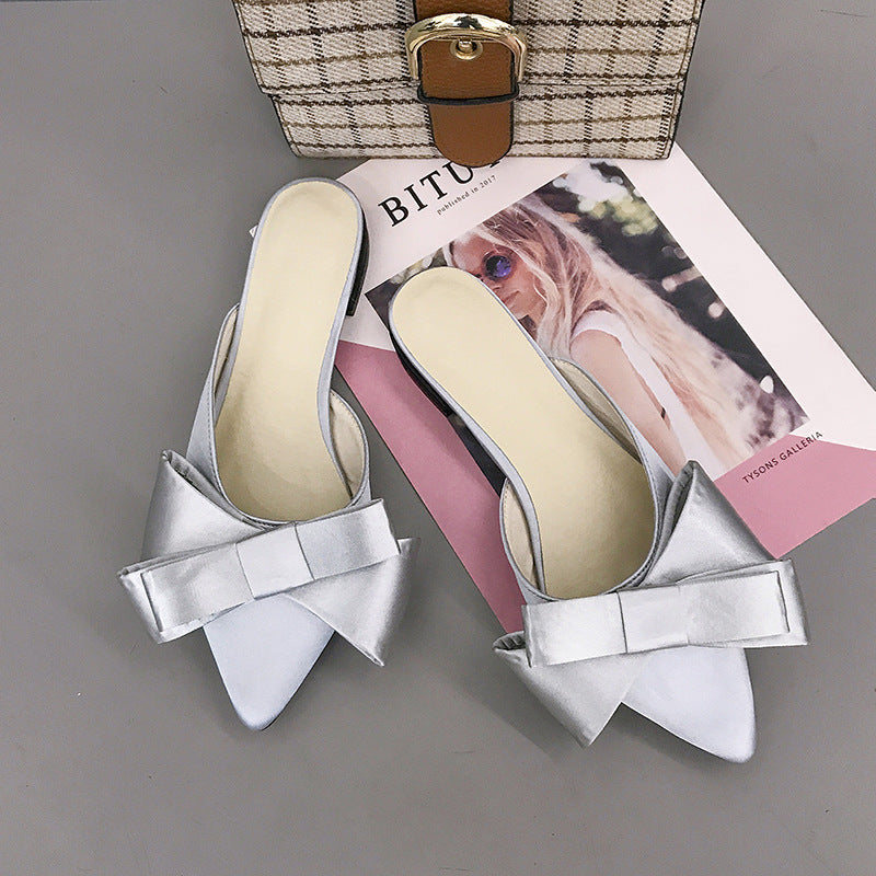 Pointed Toe Bow Flat Shoes - Fashion Slip-On Sandals