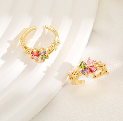 Korean Style Zircon Flower Adjustable Ring for Women