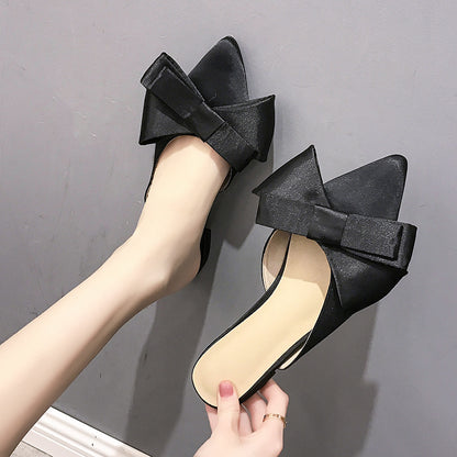 Pointed Toe Bow Flat Shoes - Fashion Slip-On Sandals