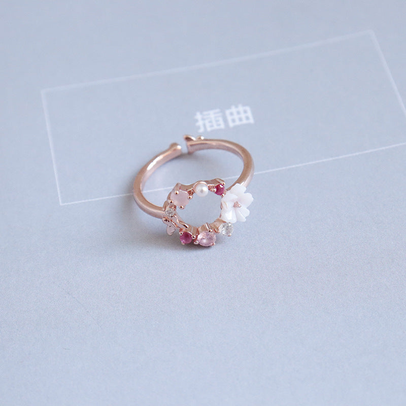 Japanese Cute Fresh Pink Zircon Flower Ring for Women