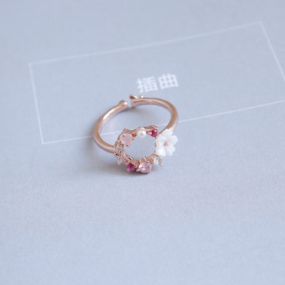 Japanese Cute Fresh Pink Zircon Flower Ring for Women