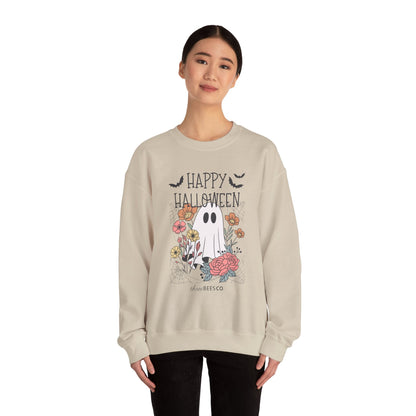 Happy Halloween Ghost Floral Sweatshirt | Cozy Gildan Unisex Crewneck, Three Bees Co. Fall Fashion, Halloween Apparel, Spooky Season Essentials