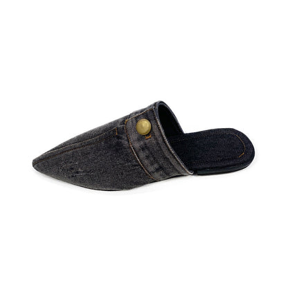 Women's Pointed Toe Denim Mules Flat Slippers