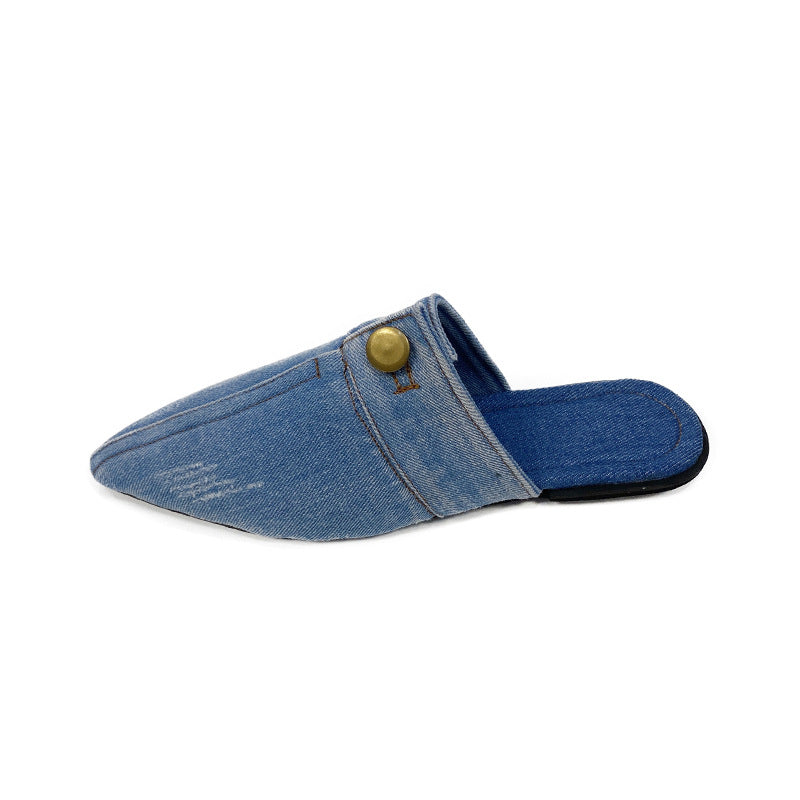 Women's Pointed Toe Denim Mules Flat Slippers