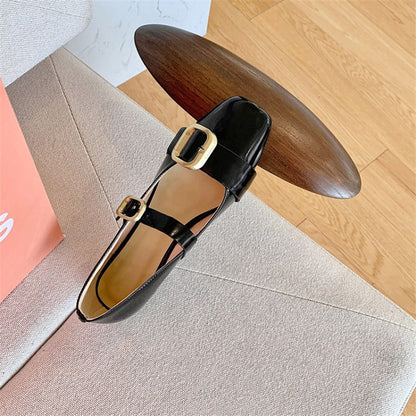 Colorblock Square Toe Mary Jane Cowhide Flat Shoes