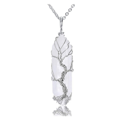 PESOENTH Life Tree Clear Quartz Crystal Healing Pendant Necklace Silver Wire Wrapped Raw Gemstone Hexagonal Reiki Energy Stone Pointed Pendant Jewelry for Women Men