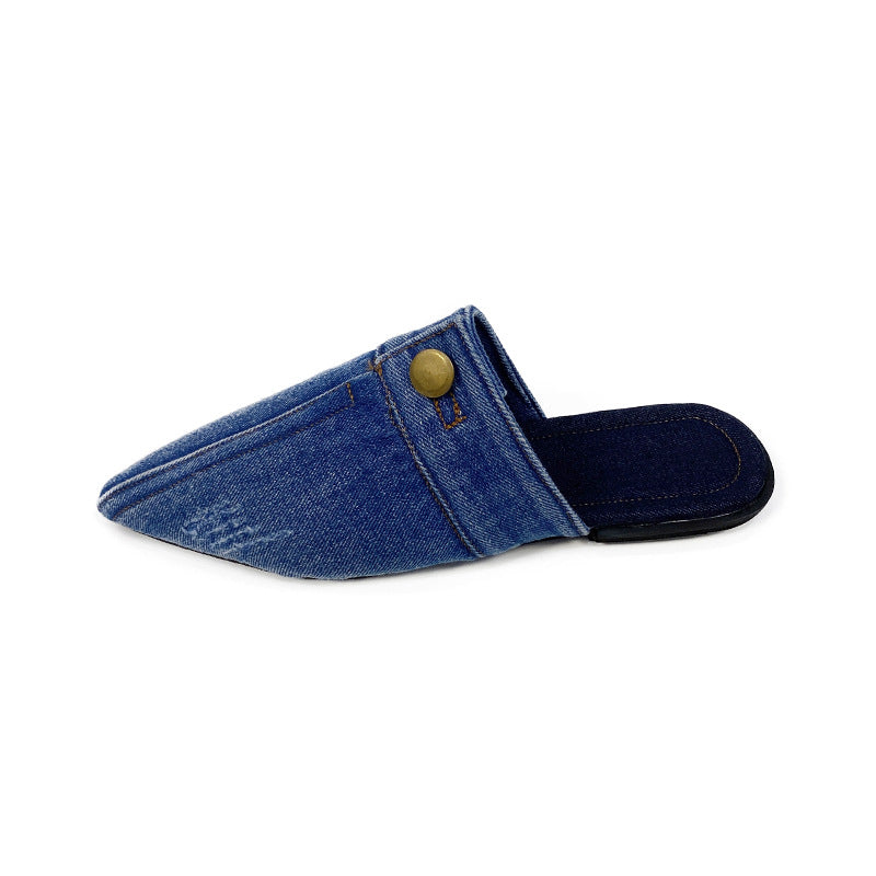Women's Pointed Toe Denim Mules Flat Slippers