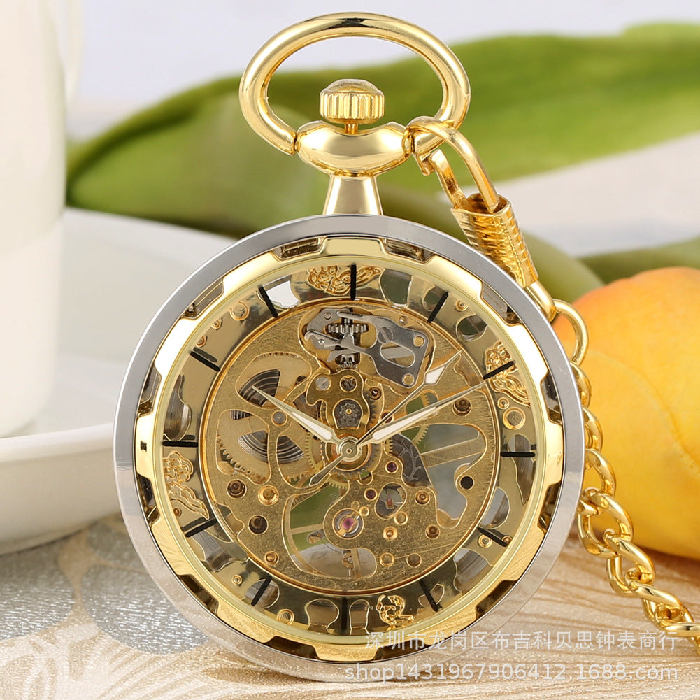 Vintage Large Transparent Skeleton Mechanical Pocket Watch