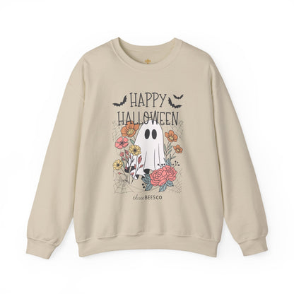 Happy Halloween Ghost Floral Sweatshirt | Cozy Gildan Unisex Crewneck, Three Bees Co. Fall Fashion, Halloween Apparel, Spooky Season Essentials