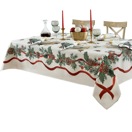 Lintex Evergreen Garland Double Ribbon Bordered Cottage Christmas Tablecloth Holly and Pine Cone Country Xmas Holiday Easy Care Fabric Tablecloth 60 Inch x 102 Inch Oblong/Rectangle