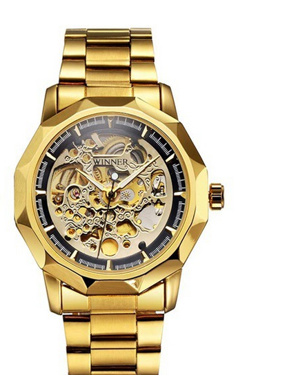 Men's Gold Skeleton Automatic Mechanical Watch (Steel Band)