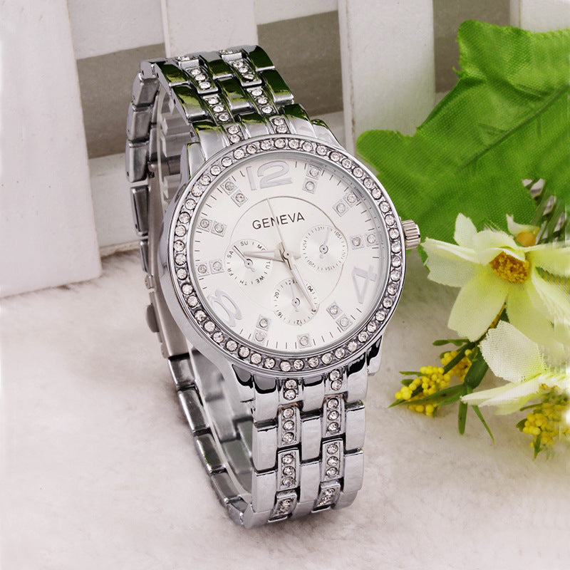Fashionable Steel Band Watch with Diamonds and Luminous Features