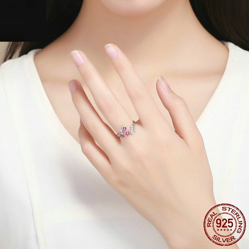 Adjustable S925 Silver Flower Ring with Purple Zircon